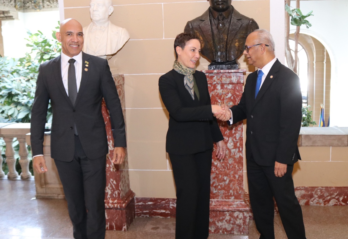 Minister of Foreign Affairs and Foreign Trade, Senator the Hon. Kamina Johnson Smith (centre), receives a warm welcome from Secretary General of the Organization of American States (OAS) Ambassador Albert Ramdin, as she arrives at the OAS headquarters in Washington DC on Monday (February 2) to attend the consultative meeting on Haiti’s security, governance and electoral pathway. At left is Jamaica