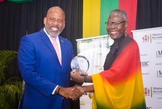 Director General, Planning Institute of Jamaica (PIOJ), Dr. Wayne Henry (left), presents the Love Jamaica Champion Award to Sharnette Budd, during the Vision 2030 Jamaica Love Jamaica Fest, held at the Jamaica Pegasus Hotel in New Kingston on Friday (February 13).