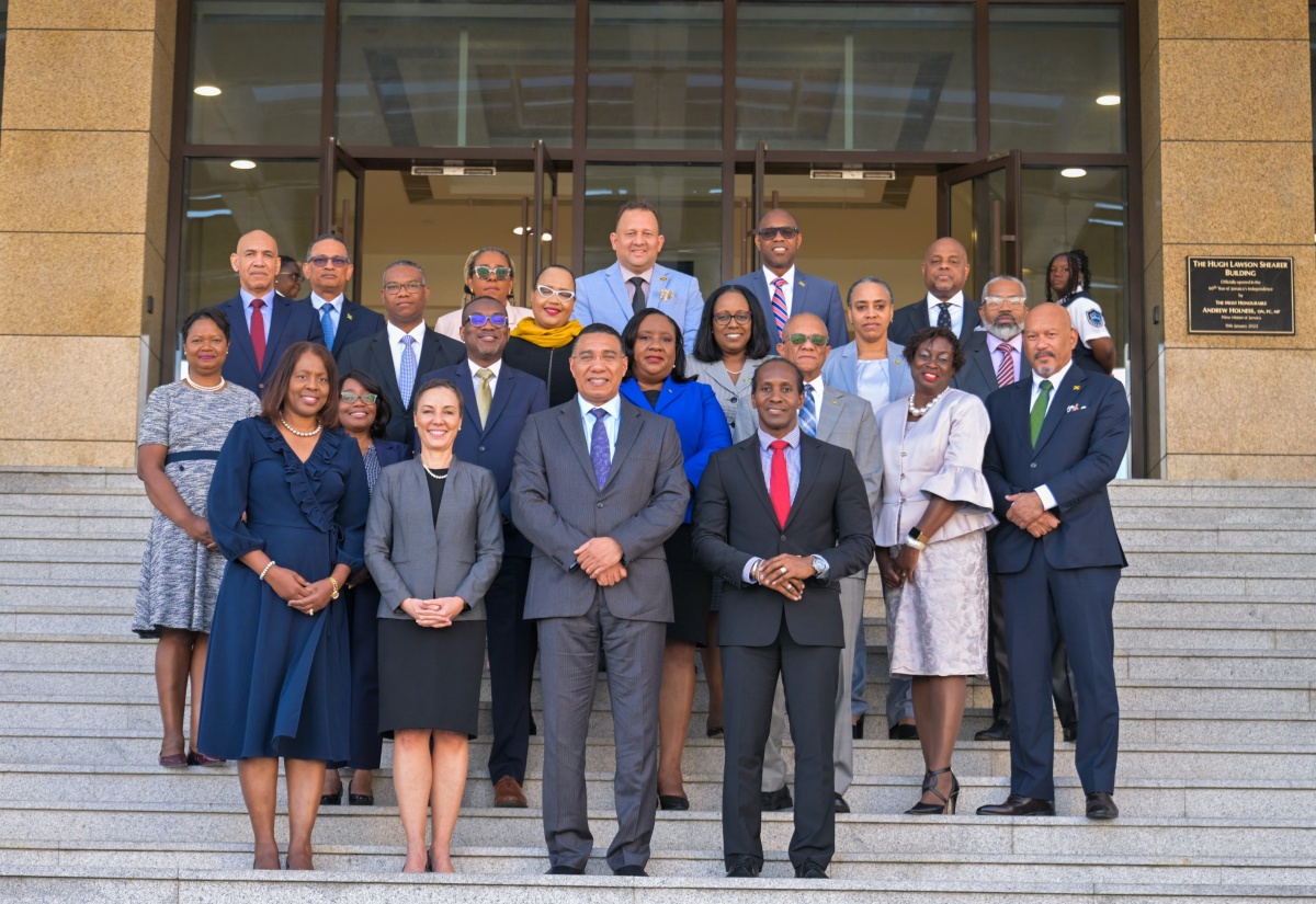 Prime Minister, Dr. the Most Hon. Andrew Holness (second right, front row); Minister of Foreign Affairs and Foreign Trade, Senator the Hon. Kamina Johnson Smith (second left, front row); State Minister in the Ministry, Hon. Alando Terrelonge (right, front row) and Permanent Secretary, Ambassador Sheila Sealy Monteith (left, front row), share in a group photo with Jamaica’s heads of mission at the Ministry in downtown Kingston on Wednesday (February 11).

