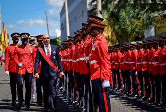 Governor-General, His Excellency the Most Hon. Sir Patrick Allen, inspects the guard of honour during the 2026/2027 ceremonial opening of Parliament at Gordon House on Thursday (February 12).