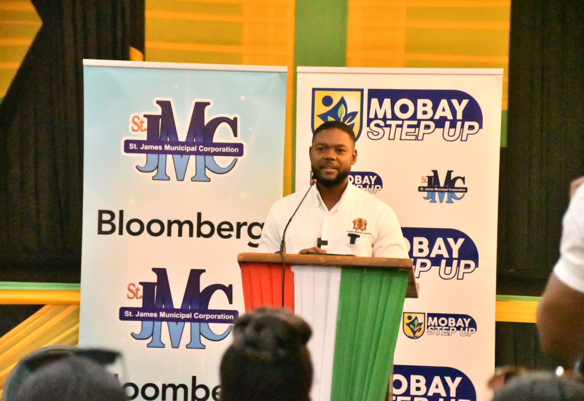Mayor of Montego Bay, Councillor Richard Vernon, addresses the certificate presentation ceremony for participants in the second round of the Bloomberg Youth Climate Action Fund, held at the Montego Bay Cultural Centre in St. James on January 29.