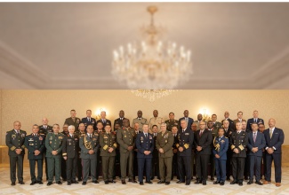 Jamaica’s Chief of Defence Staff, Vice Admiral Antonette Wemyss-Gorman (fourth right, front row), joins Chairman of the Joint Chiefs of Staff of the United States (US), General John Daniel “Raizin” Caine (centre, front row), and senior Military representatives from 34 nations for a group photo during the first Western Hemisphere Chiefs of Defence Conference, held from February 10-11 in Washington DC.