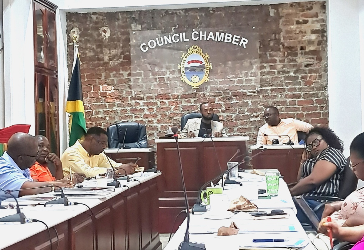 Chair of the St. Mary Municipal Corporation Infrastructure and Traffic Management Committee, Everton Garvey (centre), presides over the Committee’s monthly meeting on Tuesday (March 17). Also pictured (from left) are Chairman of the Corporation, Councillor Fitzroy Wilson; Deputy Chairman, Councillor Paul Fyffe; Councillor for the Belfield Division, Levan Freeman; Chief Engineering Officer, Dwayne Johnson; Councillor for the Retreat Division, Deadre Moulton, and Councillor for the Carron Hall Division, Doreen Hutchinson.

