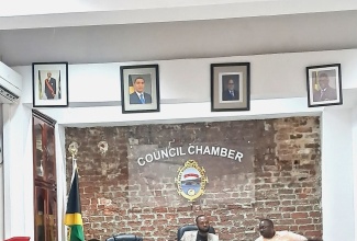 Chair of the St. Mary Municipal Corporation Infrastructure and Traffic Management Committee, Everton Garvey (centre), presides over the Committee’s monthly meeting on Tuesday (March 17). Also pictured (from left) are Chairman of the Corporation, Councillor Fitzroy Wilson; Deputy Chairman, Councillor Paul Fyffe; Councillor for the Belfield Division, Levan Freeman; Chief Engineering Officer, Dwayne Johnson; Councillor for the Retreat Division, Deadre Moulton, and Councillor for the Carron Hall Division, Doreen Hutchinson.