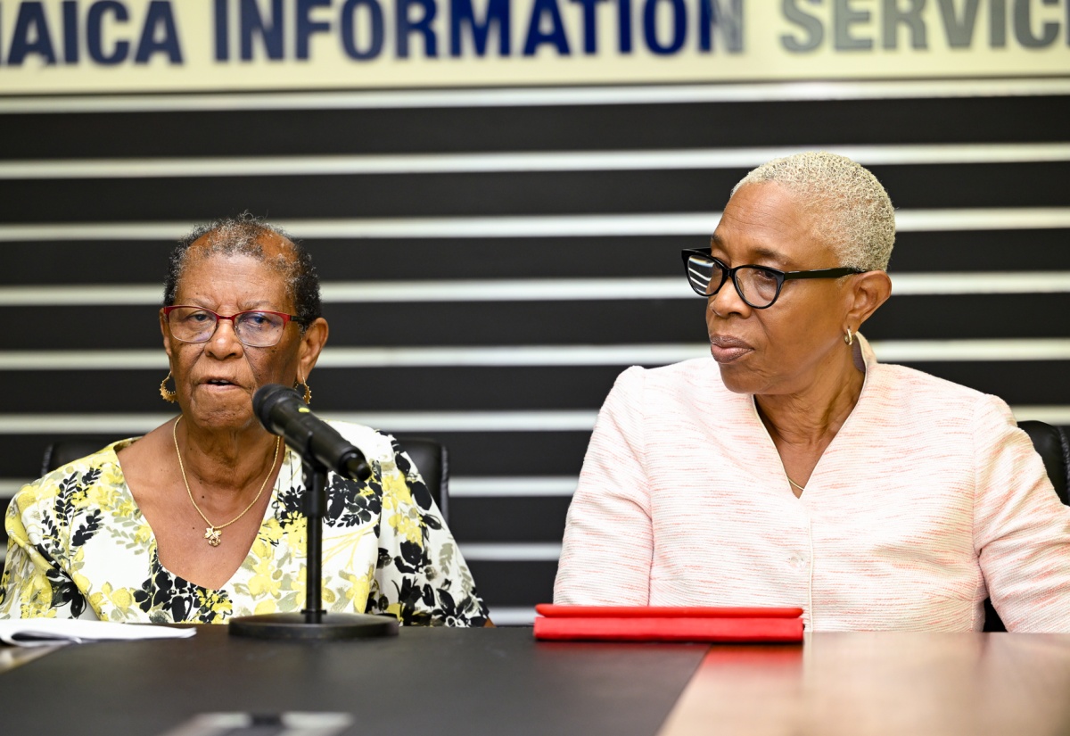 Long-standing volunteer of the Jamaican Association on Intellectual Disabilities (JAID), Sonia Jackson (left), along with the association's Executive Director, Marilyn McKoy, highlights the work of the organisation during a recent JIS Think Tank.