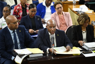 Minister of Industry, Investment and Commerce, Senator the Hon. Aubyn Hill (centre), responds to questions during the Standing Finance Committee of the House of Representatives meeting on March 6 at Gordon House, as members reviewed the 2026/27 Estimates of Expenditure. Also pictured are State Minister, Hon. Delano Seiveright, and Permanent Secretary, Sancia Bennett Templer (right, front row), along with other representatives of the Ministry and portfolio agencies.

