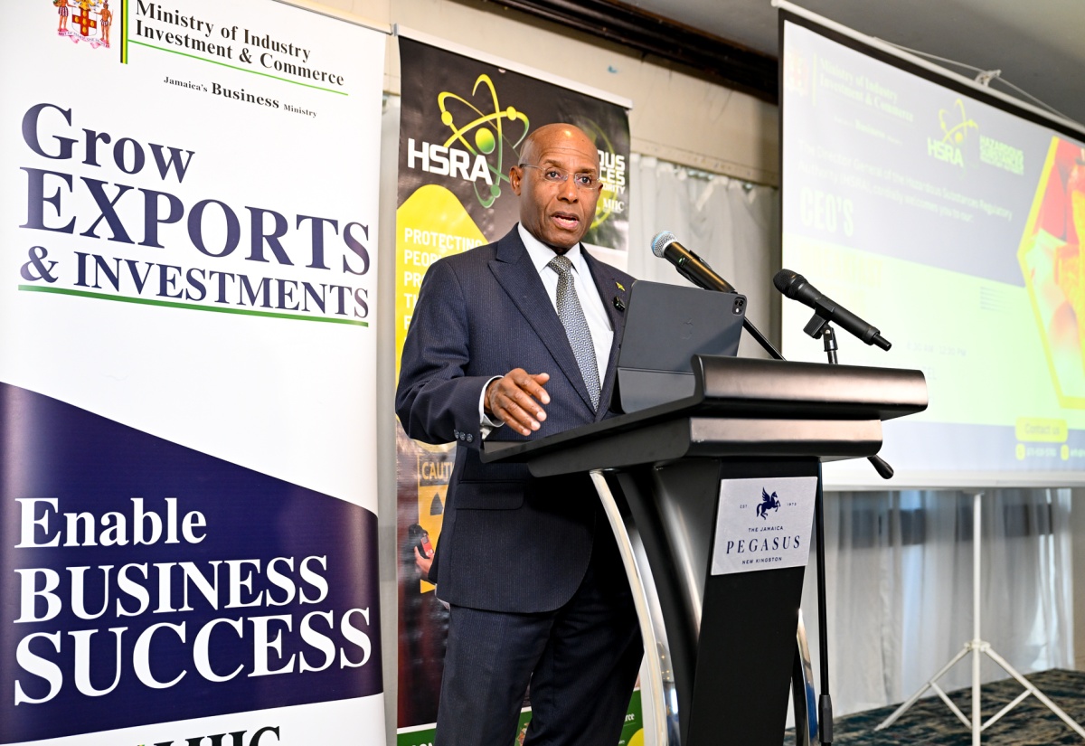 Minister of Industry, Investment and Commerce, Senator the Hon. Aubyn Hill, addresses the Hazardous Substance Regulatory Authority’s Chief Executive Officer (CEO) Breakfast and Workshop at The Jamaica Pegasus hotel in New Kingston on Wednesday (March 11).


