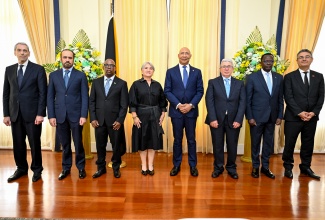 Governor- General, His Excellency the Most Hon. Sir Patrick Allen (fifth left), is pictured with Ambassadors-designate during the Presentation of Letters of Credence ceremony on Tuesday, March 18, at King’s House, to formally mark the start of their diplomatic mission.

