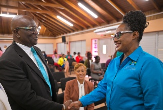 Executive Director of the Jamaica Council for Persons with Disabilities (JCPD), Dr. Christine Hendricks (right), greets Executive Director of the Bureau of Standards Jamaica (BSJ), Dr. Velton Gooden, at the recent launch of the BSJ information and communications technology (ICT) accessibility standards at the BSJ Multipurpose Facility in Kingston.