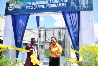 Chief Executive Officer (CEO) of the Jamaica Customs Agency (JCA) and Commissioner of Customs, Dr. Velma Ricketts Walker (right), and Deputy CEO, Border Protection Division, Marlon Lowe, cut the ribbon to officially launch the JCA's Canine Programme at Newport West, Kingston, on Monday (March 30). 
