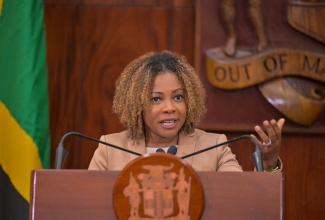 Minister of Education, Skills, Youth and Information, Senator Dr. the Hon. Dana Morris Dixon, addresses Wednesday’s (March 11) post-Cabinet press briefing at Jamaica House in Kingston.