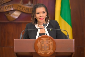 Minister of Efficiency, Innovation and Digital Transformation, Ambassador the Hon. Audrey Marks, speaking at a post-Cabinet press briefing held at Jamaica House on Wednesday (March 25).