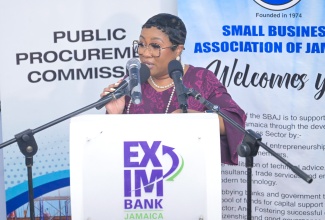Executive Director of the Public Procurement Commission (PPC), Nadia Morris, addresses the public meeting of the Small Business Association of Jamaica (SBAJ) held on Thursday (March 26) at the EXIM Bank’s Old Hope Road offices in Kingston.