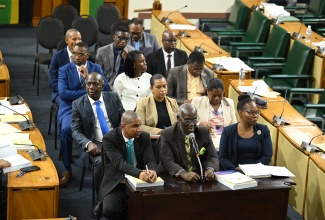 Minister of Local Government and Community Development, Hon. Desmond McKenzie (centre, front), responds to questions during a meeting of the Standing Finance Committee of the House of Representatives at Gordon House on March 6. He is joined by Minister of State, Hon. Delroy Williams (left, front); Permanent Secretary, Marsha Henry-Martin (right, front) and other representatives from the Ministry.

