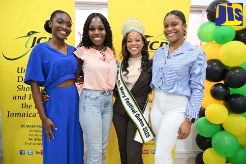 Miss St. Mary Festival Queen 2025, Anya Graham (second right) is flanked from (left to right) by Miss Portland Festival Queen 2025, Tianna Smith; Miss St. James Festival Queen 2025, Kadé-Jah Baker; and Miss Jamaica Festival Queen 1st Runner Up/ Miss St. Catherine Festival Queen 2025, Afiya Birch-Gentles. The occasion was the recent launch of Miss Graham's  ReCreate St. Mary initiative at the Jamaica Cultural Development Commission (JCDC) St. Mary Parish Office in Port Maria.