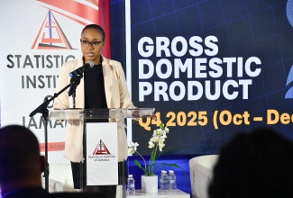 Statistical Institute of Jamaica (STATIN) Director General, Leesha Delatie-Budair, addresses Tuesday’s (March 31) quarterly press briefing, held at Terra Nova All-Suite Hotel in Kingston.
