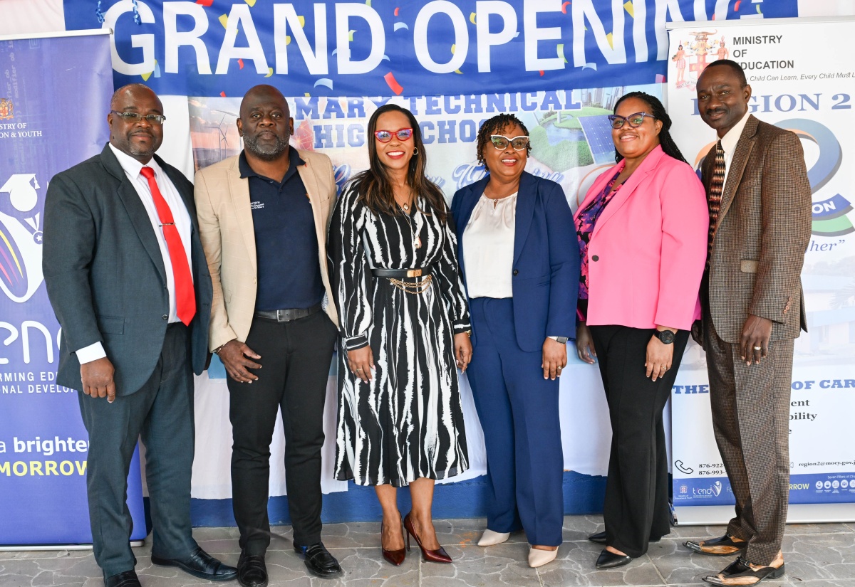 Principal, St. Mary Technical High School, Orville Richards (left), with other dignitaries (from second left), Member of Parliament, St. Mary South Eastern, Christopher Brown; Permanent Secretary in the Ministry of Education, Skills, Youth and Information, Dr. Kasan Troupe; Assistant Chief Education Officer (Acting) Curriculum Unit, Shereen Davy-Stubbs; Director, Regional Educational Services (Acting), Yashicka Blackwood-Grant; and Board Chairman, St. Mary Technical High School, Dr. Isaac Brown, at the official opening of the Innovation Hub for Electrical and Renewable Energy at St. Mary Technical High School on February 6.

