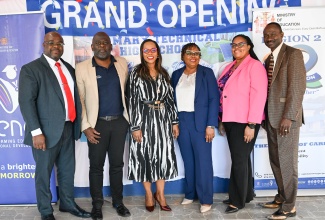 Principal, St. Mary Technical High School, Orville Richards (left), with other dignitaries (from second left), Member of Parliament, St. Mary South Eastern, Christopher Brown; Permanent Secretary in the Ministry of Education, Skills, Youth and Information, Dr. Kasan Troupe; Assistant Chief Education Officer (Acting) Curriculum Unit, Shereen Davy-Stubbs; Director, Regional Educational Services (Acting), Yashicka Blackwood-Grant; and Board Chairman, St. Mary Technical High School, Dr. Isaac Brown, at the official opening of the Innovation Hub for Electrical and Renewable Energy at St. Mary Technical High School on February 6.

