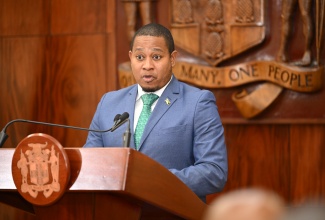 Minister of Agriculture, Fisheries and Mining, Hon. Floyd Green, makes a presentation during a Press Conference at Jamaica House in Kingston on Monday (March 30).
