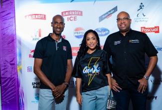 Minister of State in the Ministry of Industry, Investment and Commerce, Hon. Delano Seiveright (right), shares a moment with Marketing Manager, KFC, Andrei Roper and Managing Director, GenXS Infiniti, Mala Morrison, following the launch of GenXS media launch event at Terra Nova All-Suite Hotel in Kingston, on Saturday (March 14).