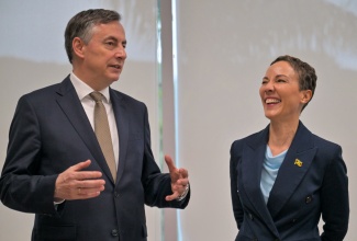 Minister of Foreign Affairs and Foreign Trade, Senator the Hon. Kamina Johnson Smith, shares a light moment with Chair of the Foreign Affairs Committee in the European Parliament, David McAllister, ahead of the EU in Jamaica 50th Anniversary Distinguished Lecture. The event was held at the University of the West Indies (UWI) Regional Headquarters in St. Andrew on March 20.

