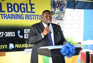 Parliamentary Secretary in the Ministry of Education, Skills, Youth, and Information, Marlon Morgan, addresses the opening ceremony of a Youth Opportunities Exposition at the Paul Bogle Vocational Training Institute in Lyssons, St. Thomas, on March 26.
