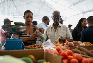 Minister of Local Government and Community Development, Hon. Desmond McKenzie (right), purchases ground provisions from Yallahs market vendor, Tanisha Reynolds, during the opening of the facility on March 27.
