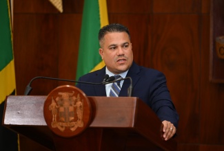 Minister of Water, Environment and Climate Change, Hon. Matthew Samuda, addresses a Press Conference at Jamaica House in Kingston on Monday (March 30).
