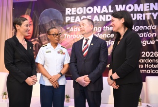 Minister of Foreign Affairs and Foreign Trade, Senator the Hon. Kamina Johnson Smith (left), and Chief of Defence Staff, Jamaica Defence Force (JDF), Vice Admiral Antonette Wemyss-Gorman (second left), converse with Canada’s High Commissioner to Jamaica, His Excellency Mark Berman, and Director at Canada’s Directorate of Military Training and Cooperation, Veronique Fortin, following Monday’s (March 2) opening ceremony for the Regional Women, Peace and Security (WPS) Symposium. The Symposium is being hosted by the JDF in collaboration with the Canadian Directorate of Military Training and Cooperation (DMTC) at the Jamaica Pegasus Hotel in New Kingston from March 2-4.

