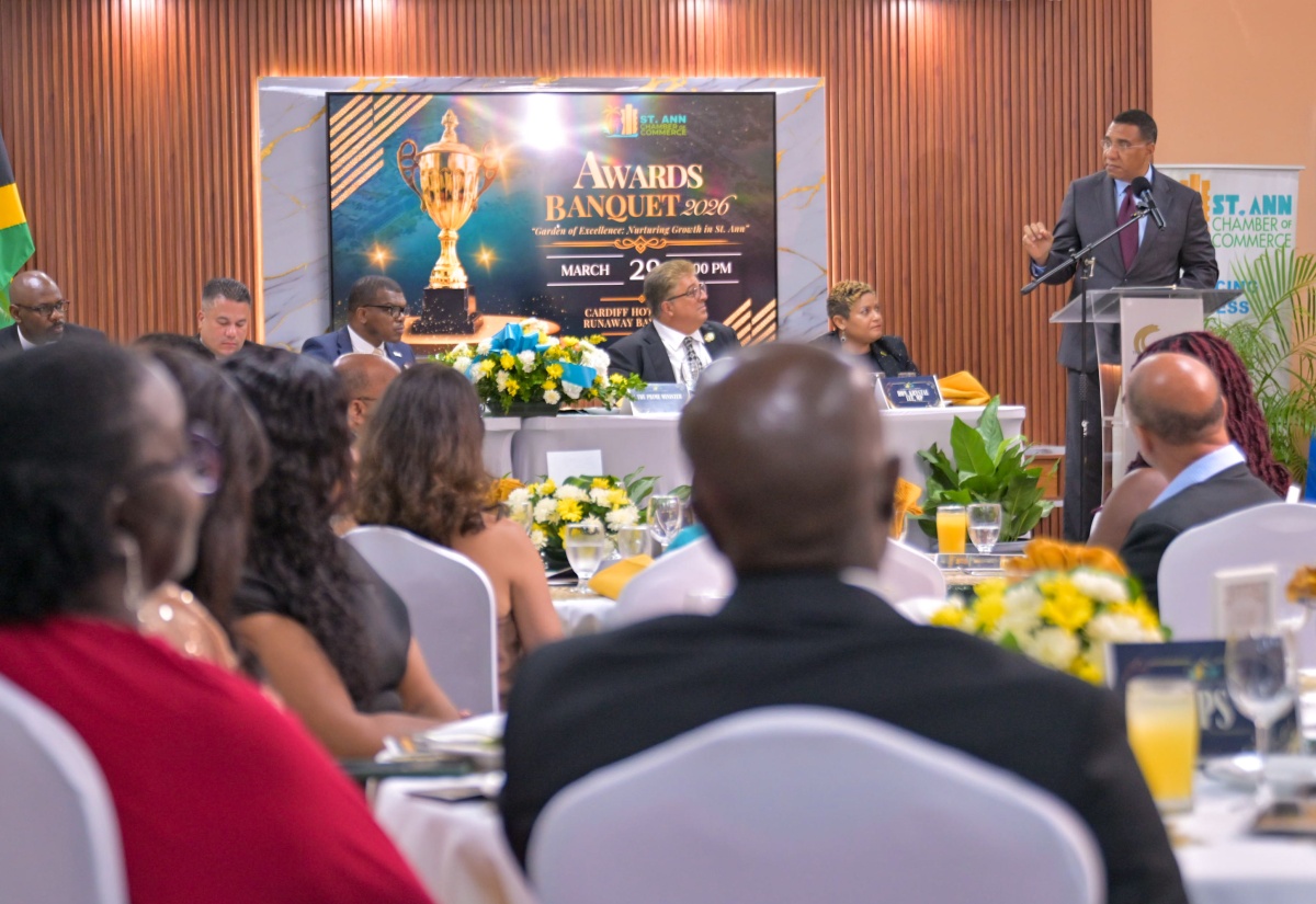 Prime Minister, Dr. the Most Honourable Andrew Holness, addresses the St. Ann Chamber of Commerce Awards Banquet 2026, held at the Cardiff Hotel & Spa in Runaway Bay, St. Ann, on Sunday, March 29.
