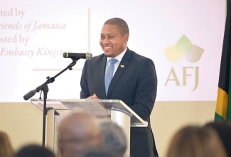 Minister of Agriculture, Fisheries and Mining, Hon. Floyd Green, addresses the American Friends of Jamaica (AFJ) grant awards ceremony held on Tuesday (April 14), at the United States (US) Embassy in Kingston. 
