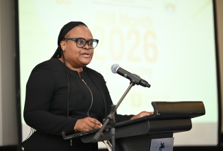Chief Technical Director in the Information Division of the Ministry of Education, Skills, Youth and Information, Dr. Nicola-Ann Brown Pinnock, addresses Monday’s (April 20) Records and Information Management (RIM) Programme Offboarding Ceremony, held at The Jamaica Pegasus hotel in New Kingston.
