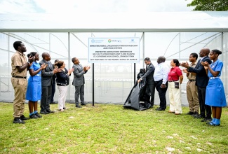 Minister of Agriculture, Fisheries and Mining, Hon. Floyd Green (fifth left), and Indian High Commissioner to Jamaica, His Excellency Mayank Joshi (sixth right), unveil the greenhouse established at the St. Catherine High School under the Improving Rural Livelihoods Through Resilient Agri-Food Systems (IRL) Project. They are joined by stakeholders in the programme, including students at the institution. The infrastructure was handed over on Wednesday (March 25), during the IRL project’s closing ceremony, held at St. Catherine High School.