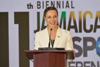 Minister of Foreign Affairs and Foreign Trade, Senator the Hon. Kamina Johnson Smith, delivers the main address at the Global Launch of the 11th Biennial Jamaica Diaspora Conference, held at the Ministry of Foreign Affairs and Foreign Trade in Kingston, on Wednesday (April 15).
