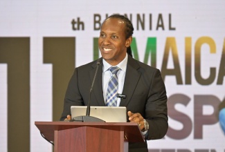 State Minister in the Ministry of Foreign Affairs and Foreign Trade, Hon. Alando Terrelonge, delivers remarks during the Global Launch of the 11th Biennial Jamaica Diaspora Conference, held at the Ministry’s offices in Kingston on Wednesday (April 15).
