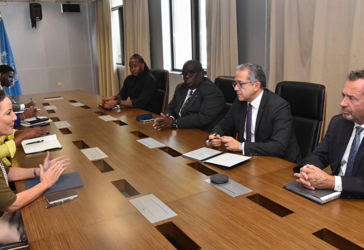 Minister of Foreign Affairs and Foreign Trade, Senator the Hon. Kamina Johnson Smith (left), engages in discussion with Director General of the United Nations Educational, Scientific and Cultural Organization (UNESCO), Professor Khaled El‑Enany (second right); UNESCO Regional Director and Representative for the Caribbean, Eric Falt (right); UN Resident Coordinator in Jamaica, Dennis Zulu (third right), and other stakeholders. The meeting took place during a courtesy call at the Ministry in downtown Kingston on April 2.
