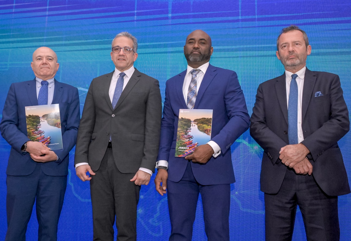 Minister Without Portfolio in the Office of the Prime Minister with Responsibility for Science, Technology and Special Projects, Dr. the Hon. Andrew Wheatley (second right), shares the lens with (from left) Regional Director and Representative of the United Nations Educational, Scientific and Cultural Organization (UNESCO) Regional Office for the Caribbean, Eric Falt; Director General of UNESCO, Professor Khaled El-Enany; and Head of Cooperation for the Delegation of the European Union (EU) to Jamaica, Aniceto Rodriguez Ruiz. The occasion was the presentation of Jamaica’s AI Readiness Assessment Methodology (RAM) Report, launched on Wednesday (April 1) at Jamaica House. The assessment was completed in partnership with UNESCO, with funding support from the EU.
