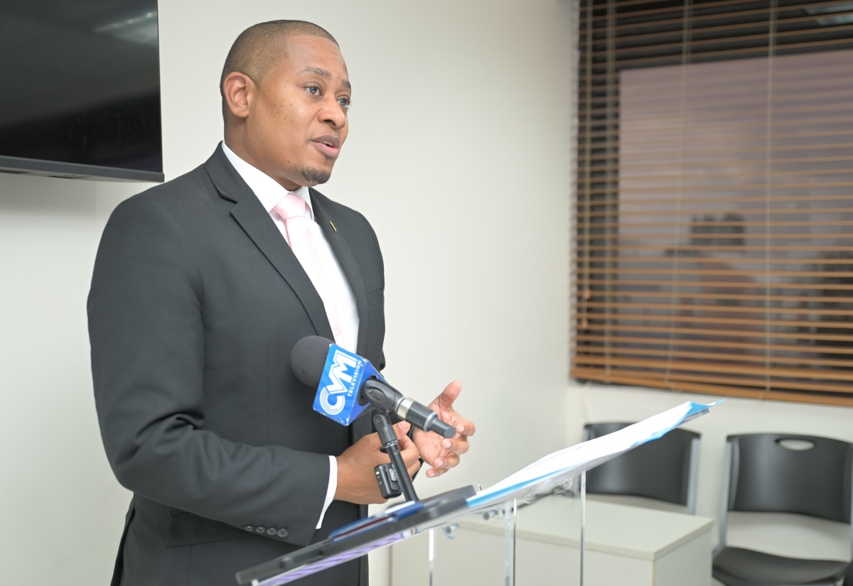 Minister of Agriculture, Fisheries and Mining, Hon. Floyd Green, delivers the keynote address during the symbolic cheque handover ceremony for the Jamaica Network of Rural Women Producers (JNRWP) Roots Resilience Parametric Insurance Programme, held on Monday (March 9) at the GK General Insurance office in New Kingston.


