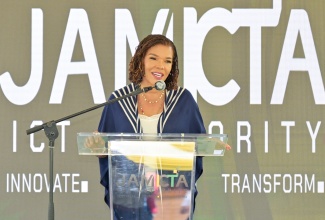 Minister without Portfolio in the Office of the Prime Minister responsible for Efficiency, Innovation and Digital Transformation, Hon. Ambassador Audrey Marks, addresses the media launch of the Information and Communications Technology Authority, at its Old Hope Road offices on Friday (April 10).