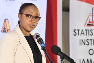 Statistical Institute of Jamaica (STATIN) Director General, Leesha Delatie-Budair, addresses Tuesday’s (March 31) quarterly press briefing held at Terra Nova All-Suite Hotel in Kingston.