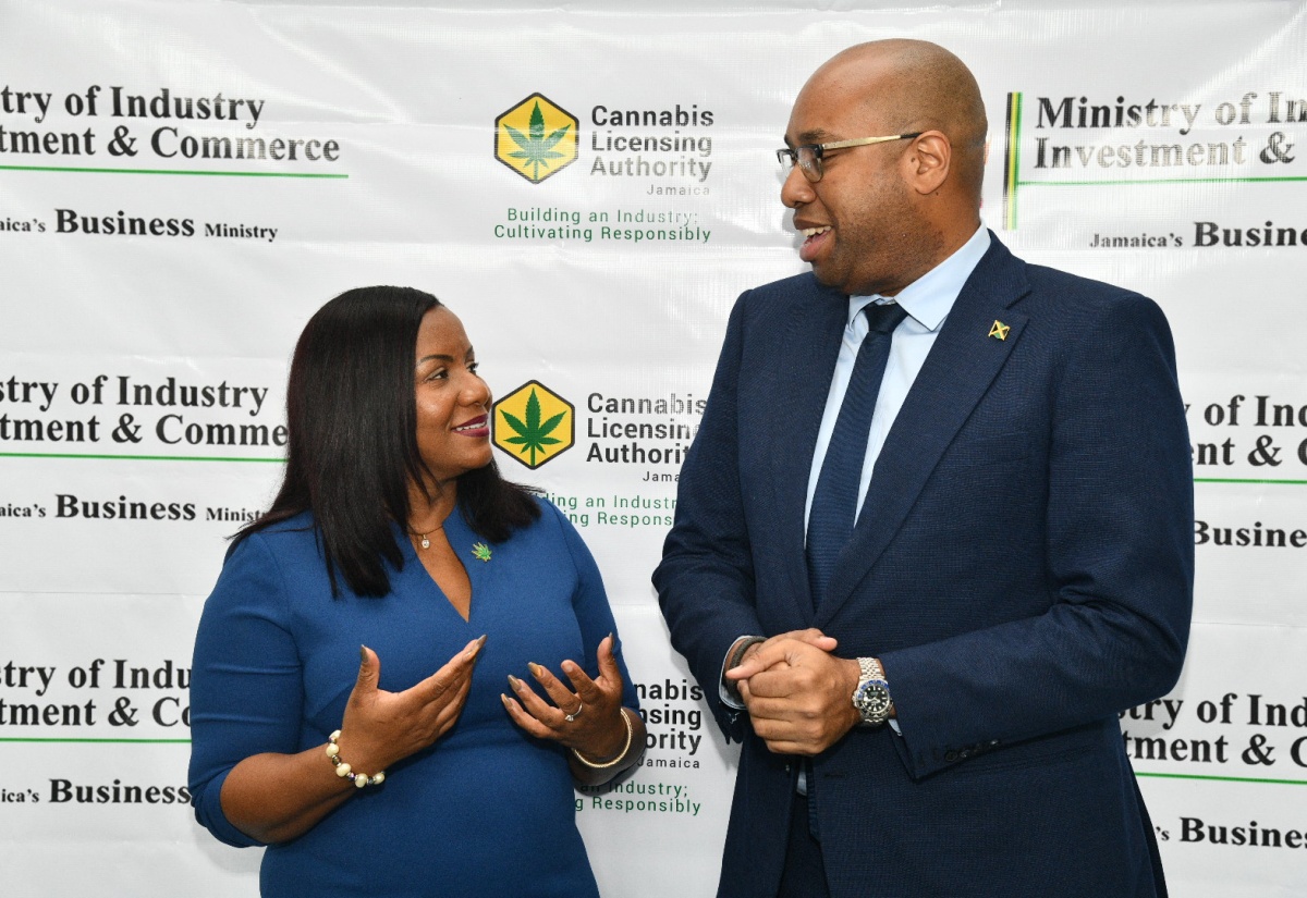 Minister of State in the Ministry of Industry, Investment and Commerce, Hon. Delano Seiveright, converses with Chief Executive Officer of the Cannabis Licensing Authority (CLA), Farrah Blake, during the launch of CLA