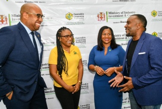 Minister of State in the Ministry of Industry, Investment and Commerce, Hon. Delano Seiveright (left), shares a light moment with (from second left) Authorisation Holder, Kimberly Myrie; Chief Executive Officer, Cannabis Licensing Authority (CLA), Farrah Blake; and President, Ganja Growers and Producers Association of Jamaica, Maurice Ellis, during the recent launch of the CLA
