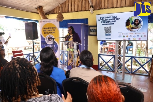 Director for Region Five, Ministry of Education, Skills, Youth and Information, Susan Nelson-Smith, addressing the official launch of the Jamaica Public Service Company's (JPS) extra lesson programme for St. Elizabeth and Westmoreland students at Jack Sprat Treasure Beach in St. Elizabeth on April 7.
