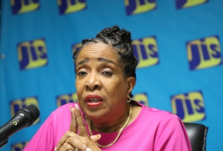 Executive Director of the National Road Safety Council (NRSC), Paula Fletcher, addresses a Jamaica Information Service Think Tank, held in Kingston on April 28.
