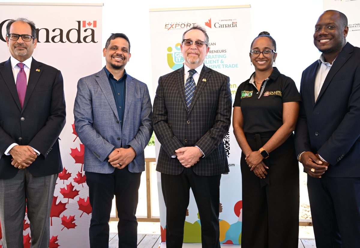Jamaica Promotions Corporation (JAMPRO) President, Shullette Cox (second right), is joined by (from left) Counsellor and Head of Development Cooperation for Jamaica and Belize at Global Affairs Canada, Shehryar Sarwar; Executive Director of the Caribbean Export Development Agency (CEDA), Dr. Damie Sinanan; Canada