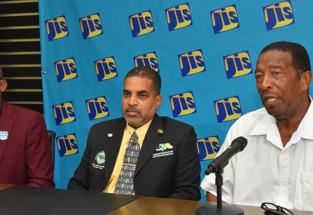 Director/Principal of the HEART College of Construction Services, O’Neil James (left); Manager of the National Ozone Unit and National Ozone Officer at the National Environment and Planning Agency, Vivian Blake (centre); and President of the Jamaica Air-Conditioning, Refrigeration and Ventilation Association, Horace Nelson, participate in a recent JIS ‘Think Tank’.

