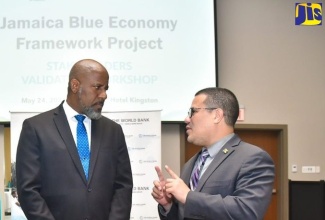 Minister of Water, Environment and Climate Change, Hon. Matthew Samuda (right), is in discussion with Director General of the Planning Institute of Jamaica (PIOJ), Dr. Wayne Henry, during the recent opening ceremony for the Jamaica Blue Economy Framework Project stakeholders’ validation workshop held at AC Hotel by Marriott in St. Andrew.
