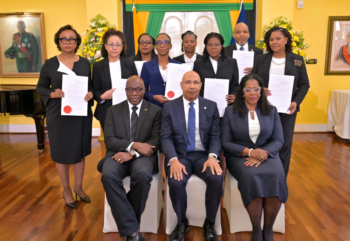 Governor-General, His Excellency the Most Hon. Sir Patrick Allen (seated, centre); Chief Justice,  Hon. Bryan Sykes (seated, left) and President of the Court of Appeal, Hon. Justice Marva McDonald-Bishop (seated, right) share a photo with the eight members of the judiciary who were sworn into higher offices during a ceremony at King’s House in St. Andrew, today (April 9).

