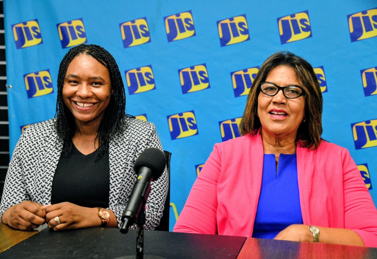 Representatives of the Jamaica Intellectual Property Office (JIPO) Deputy Director and Legal Counsel, Shantal English-Richards (left) and Executive Director, Lilyclaire Bellamy, participate in a  recent JIS 'Think Tank'.


