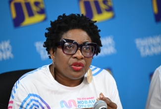 Chairman and Founder of the Jill Stewart MoBay City Run, Janet Silvera, addresses a Jamaica Information Service (JIS) Think Tank, held at the agency’s Montego Bay Regional Office in St. James on April 8. 

